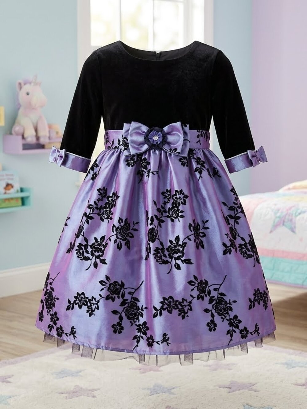 Jona Michelle Girls 2T Black Velvet Purple Floral Party Dress